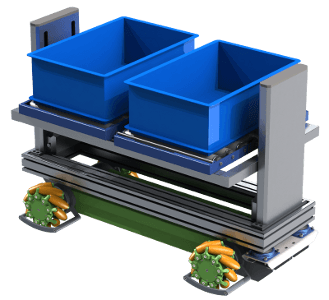 Kleines fahrerloses Transportsysteme zum Transport von zwei Kleinladungsträgern (KLT). Höhenverstellbare Rollenfördereinheit zum Ab- und Aufladen der Behälter.
